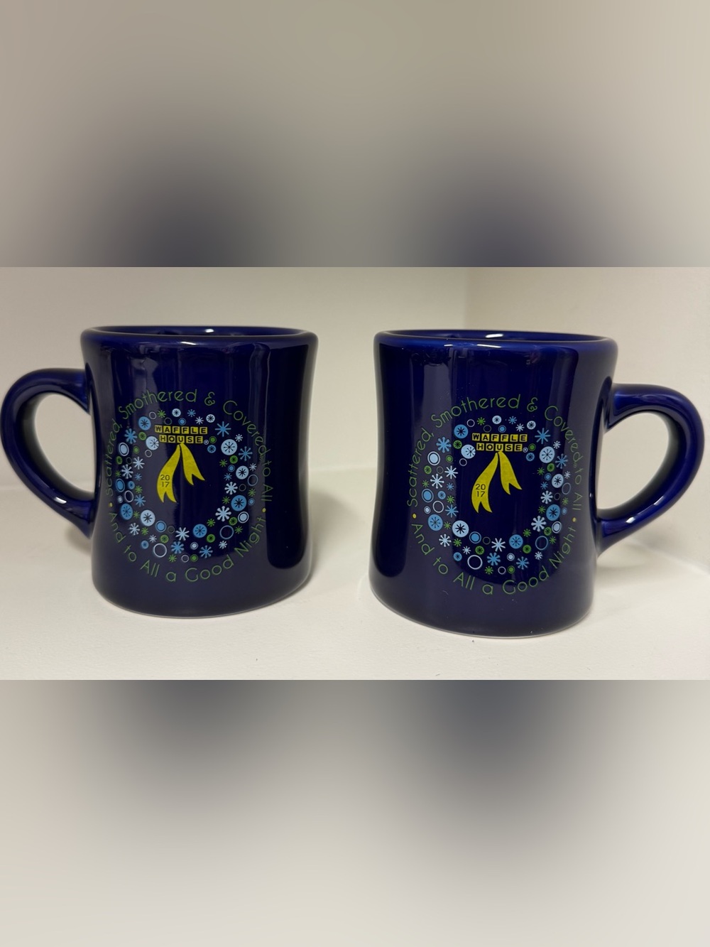 Waffle House Christmas 2017 Blue Coffee 2 Mugs Tuxton Scattered Smothered Retro